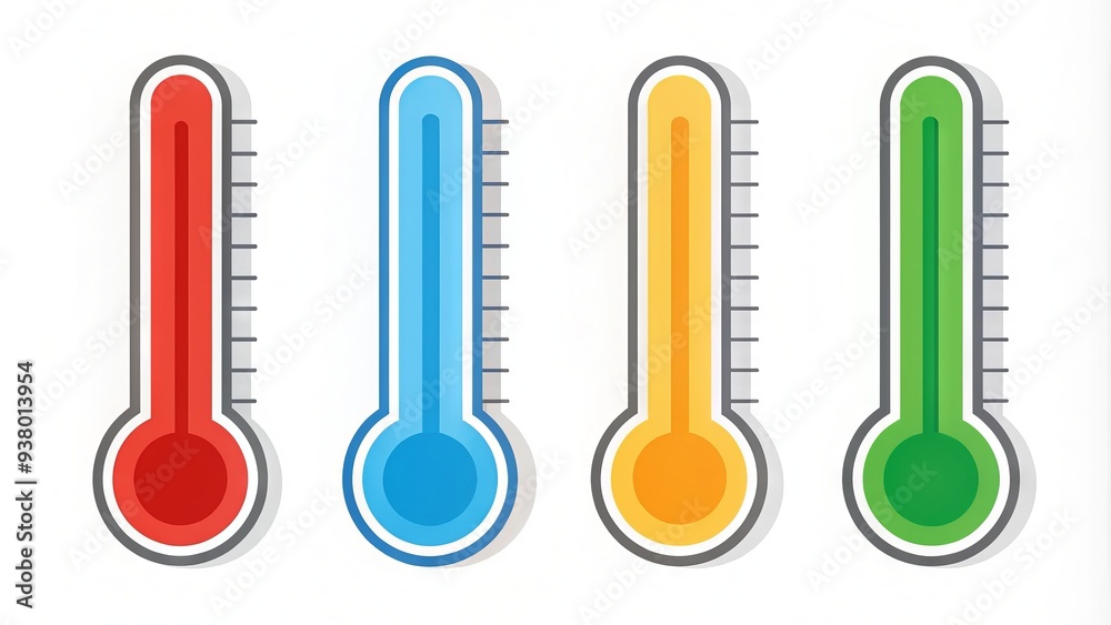 Simple flat design thermometer icon in various colors, isolated on white background, indicating temperature measurement and health monitoring, perfect for medical or weather themes. Simple flat design thermometer icon in various colors, isolated on white background, indicating temperature measurement and health monitoring, perfect for medical or weather themes.