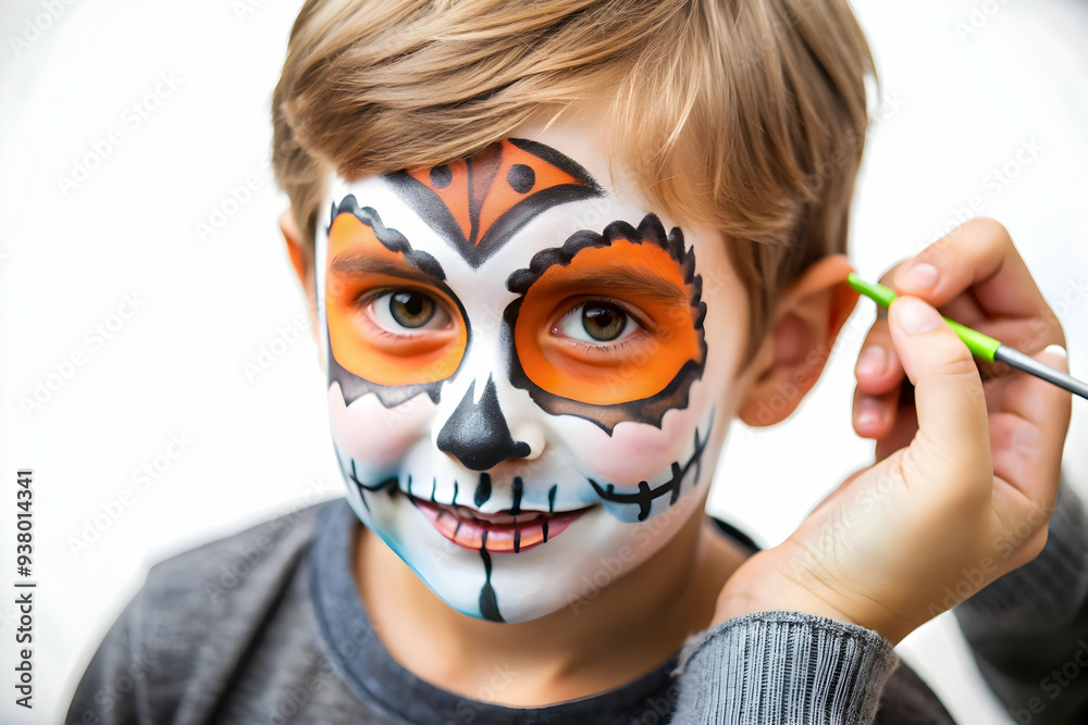 3D Candid Halloween Face Painting concept as A candid shot of a child getting their face painted with a spooky design at a Halloween fair. The scene captures the excitement and creativity ideal for ad 3D Candid Halloween Face Painting concept as A candid shot of a child getting their face painted with a spooky design at a Halloween fair. The scene captures the excitement and creativity ideal for ad