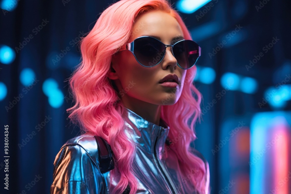 Futuristic fashion portrait photo of a beauty confident smart pink hair woman with neon lights.
Futuristic fashion portrait photo of a beauty confident smart pink hair woman with neon lights.