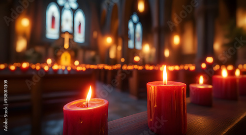 "Candles in the Church on a Cross-Shaped Background, Illuminating a Sacred and Reflective Atmosphere for Spiritual Reflection and Worship"