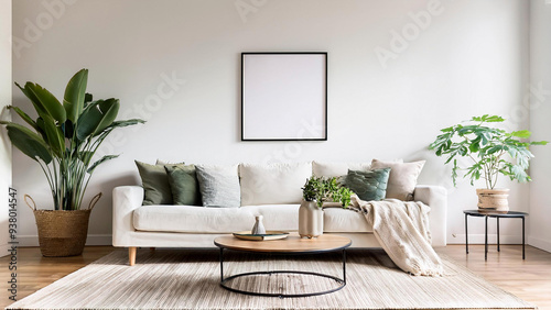 Sala de estar minimalista e bem iluminada, com decoração clean e confortável. Sofá branco tapete cinza claro,. Parede com quadro em moldura fina preta. Mockup, render 3d. photo