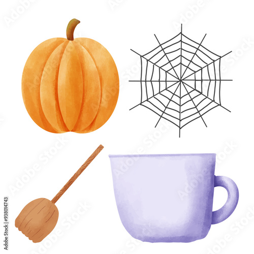 Watercolor illustration of Halloween elements: pumpkin, cup, broom, spider web.