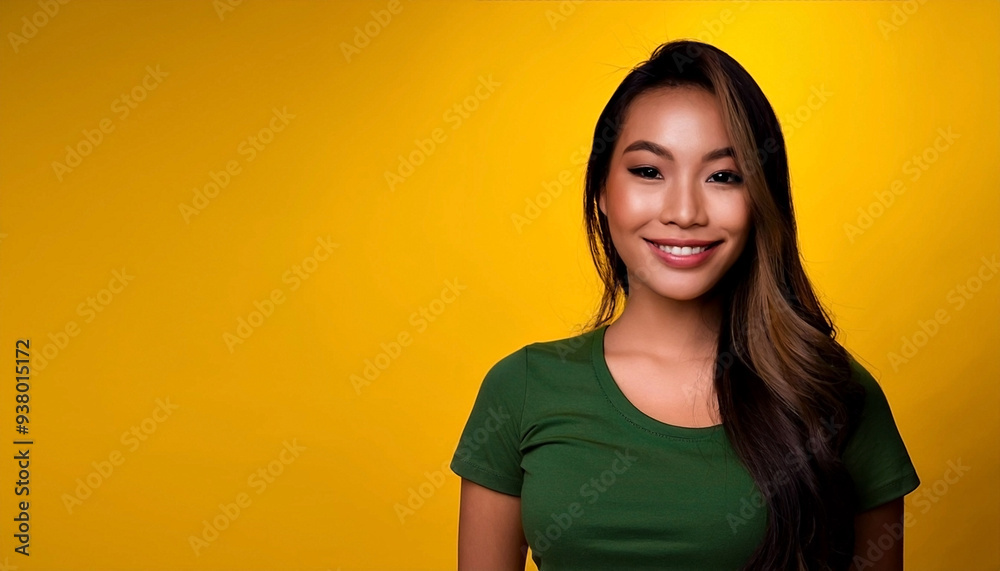 Beautiful Asian woman smiling and wearing green t-shirt against a yellow background with copy space