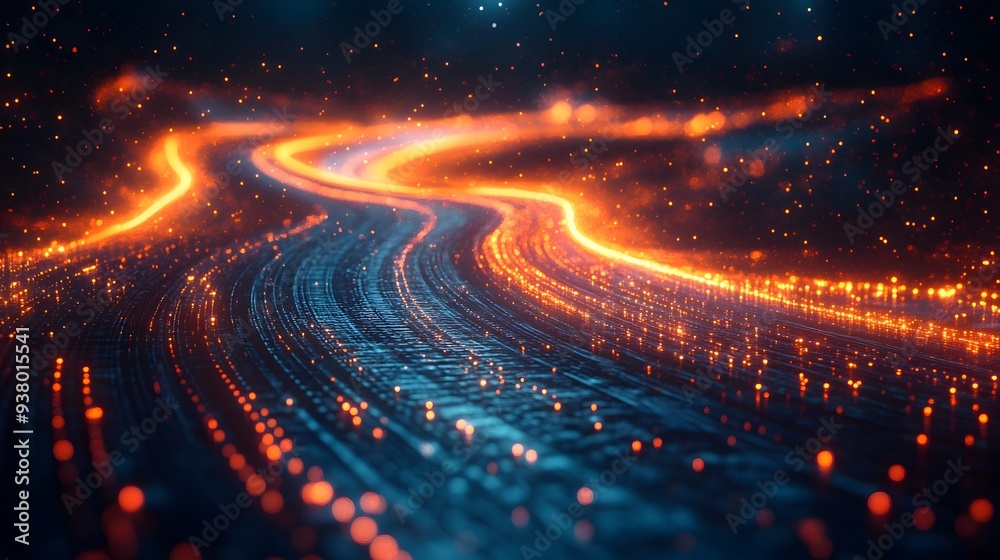 Polished 3D image of an abstract road with graphic lines of communication networks and a subtly blurred backdrop.