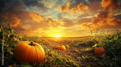 Beautiful sunset over a field of pumpkins with a dirt road leading through it. The orange sky and the pumpkins create a warm and inviting atmosphere