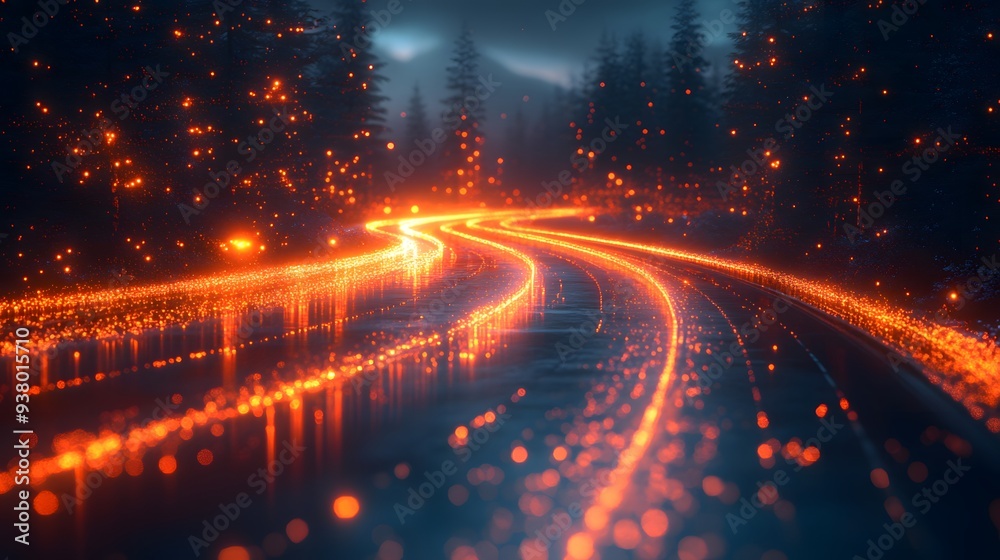 High-tech 3D portrayal of an abstract road with network lines, complemented by a gently blurred background. High-tech 3D portrayal of an abstract road with network lines, complemented by a gently blurred background.