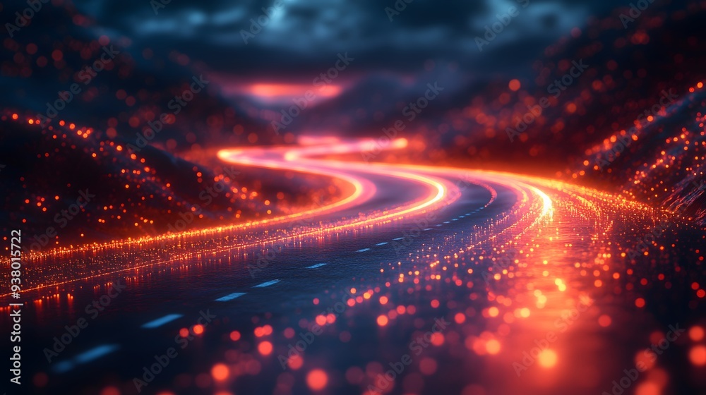 Sleek 3D visualization of a road with graphic communication network lines and a smoothly blurred background. Sleek 3D visualization of a road with graphic communication network lines and a smoothly blurred background.