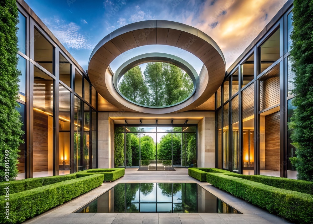 Sleek, modern architecture defines the Brion Sanctuary's main entrance, featuring two intersecting circles that create a striking, symmetrical composition amidst lush green surroundings. Sleek, modern architecture defines the Brion Sanctuary's main entrance, featuring two intersecting circles that create a striking, symmetrical composition amidst lush green surroundings.