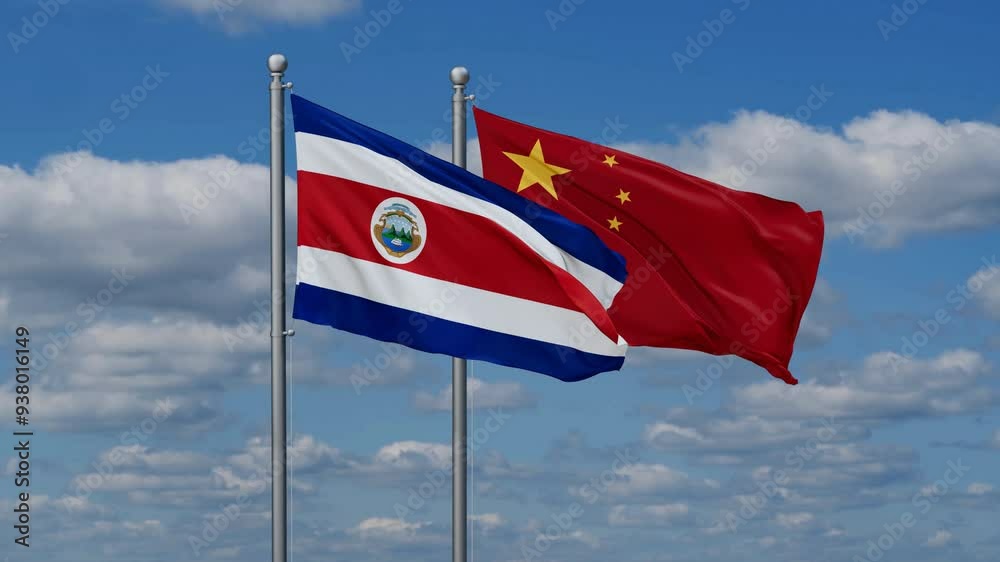 China and Costa Rico flags flying together, video concept of the relationship, two country relations concept