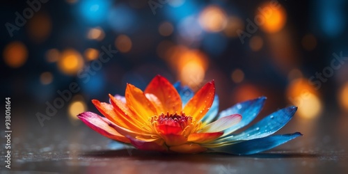 A multicolored bloom lies at the center of an out-of-focus image, showcasing petals of blue, red, yellow, and orange.