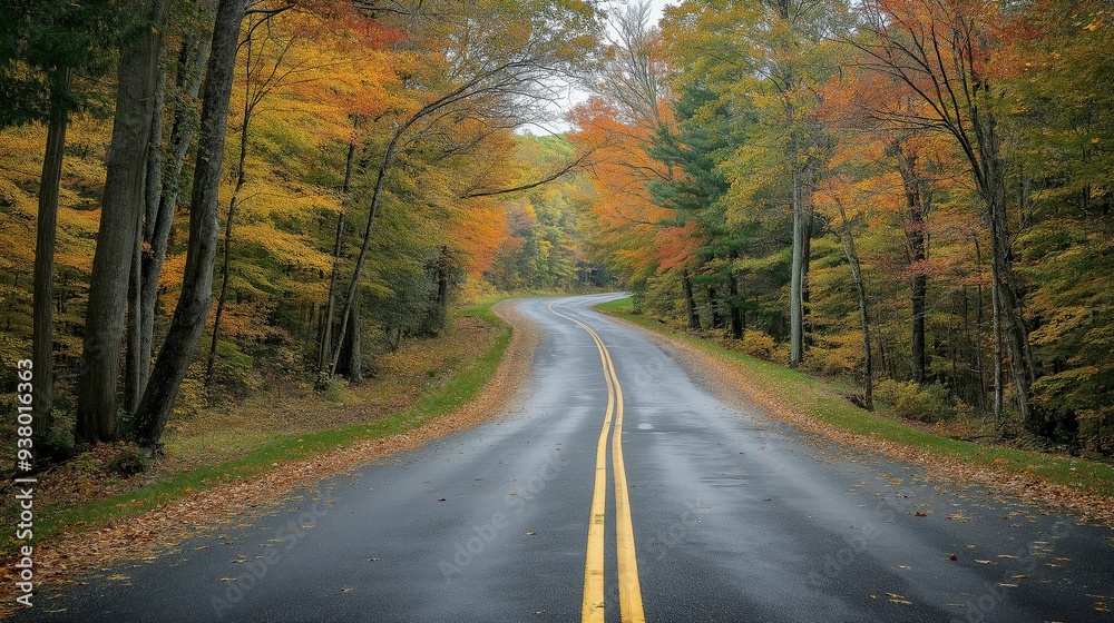 A winding paved road through a forest with vibrant fall foliage. A winding paved road through a forest with vibrant fall foliage.