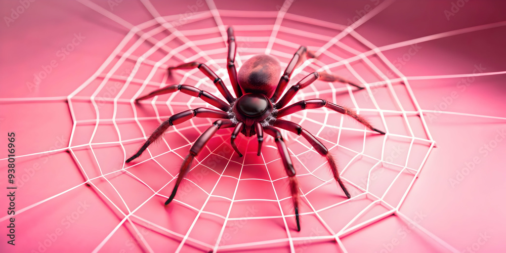 3D Glossy Spider Background with Glowing Web concept as A glossy background featuring a large spider on a glowing web in a dark creepy setting. Ideal for horror themed Halloween advertisements or spid 3D Glossy Spider Background with Glowing Web concept as A glossy background featuring a large spider on a glowing web in a dark creepy setting. Ideal for horror themed Halloween advertisements or spid