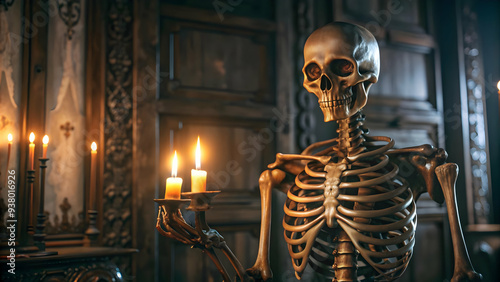 3D Glossy Skeleton Background with Candles concept as A glossy background featuring a skeleton holding a candle in a dark eerie room. The scene is ideal for horror themed Halloween advertisements or s photo