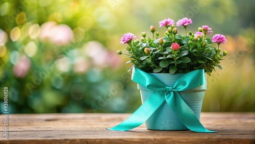 A delicate teal ribbon wrapped around a blooming flower pot, symbolizing hope and support for women affected by gynecologic cancer during awareness month. photo