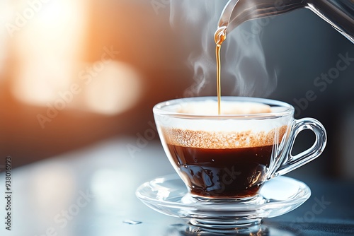 A steaming cup of coffee being poured, showcasing rich colors and inviting aromas for a perfect morning or afternoon break. photo