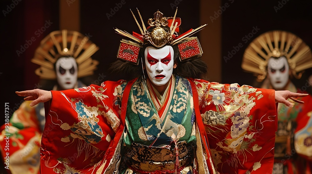 Kabuki Theater Performance: A dramatic Kabuki theater performance with actors in elaborate costumes and makeup. Kabuki Theater Performance: A dramatic Kabuki theater performance with actors in elaborate costumes and makeup.