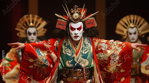 Kabuki Theater Performance: A dramatic Kabuki theater performance with actors in elaborate costumes and makeup.