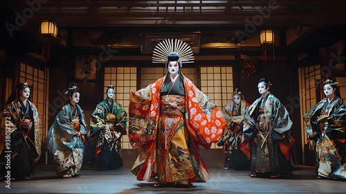 Kabuki Theater Performance: A dramatic Kabuki theater performance with actors in elaborate costumes and makeup.