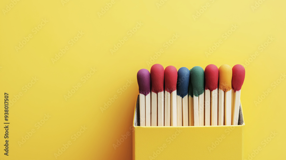 Box of colorful matches arranged neatly against a vibrant yellow background. The match heads display a variety of hues, creating a striking contrast with the backdrop