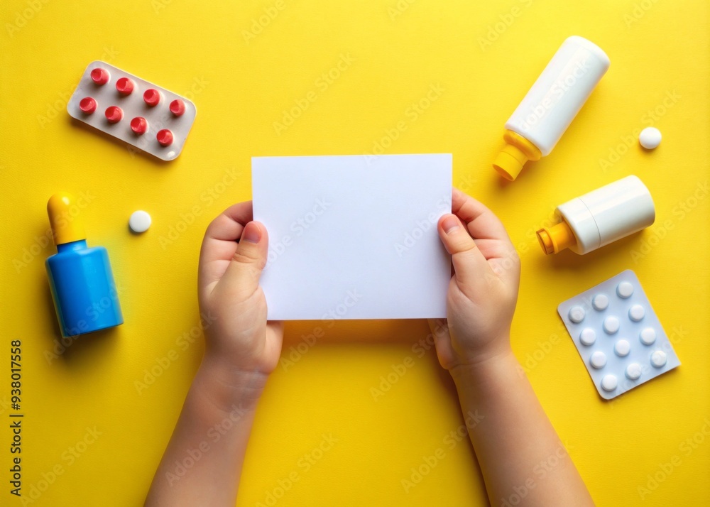 Small hands cradle a blank card, surrounded by medication and an inhaler, on a bright yellow background, symbolizing a child's experience with chronic illness management. Small hands cradle a blank card, surrounded by medication and an inhaler, on a bright yellow background, symbolizing a child's experience with chronic illness management.