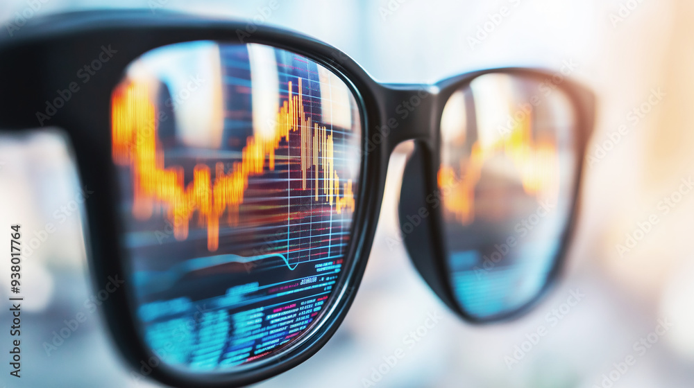 Close-up of glasses reflecting financial charts on a screen. The focus is on the vibrant orange and blue data, symbolizing market analysis and technology Close-up of glasses reflecting financial charts on a screen. The focus is on the vibrant orange and blue data, symbolizing market analysis and technology