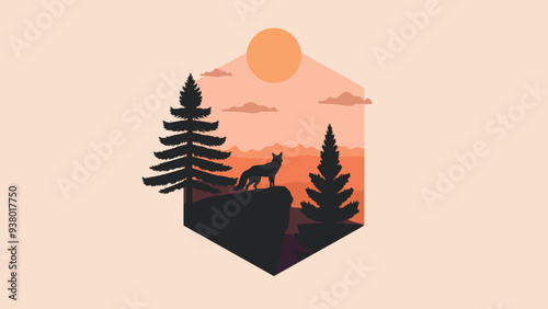 Minimalist Wilderness Landscape Background Framed in a Hexagon Vector