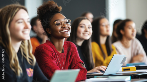 Smiling students attentively listening in a classroom with laptops open on their desks. They appear engaged and enthusiastic, enjoying the learning experience together