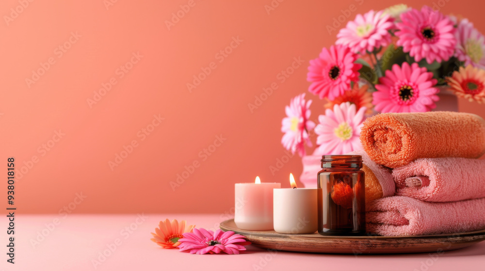 A serene spa scene featuring candles, towels, and pink flowers on a peach background, evoking relaxation and tranquility. A serene spa scene featuring candles, towels, and pink flowers on a peach background, evoking relaxation and tranquility.