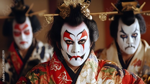 Kabuki Theater Performance: A dramatic Kabuki theater performance with actors in elaborate costumes and makeup.