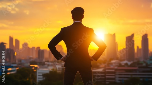 Businessman Silhouette Standing on Rooftop at Sunset with City Skyline - A silhouette of a businessman standing with his hands on his hips, facing a city skyline at sunset. The image symbolizes ambiti photo