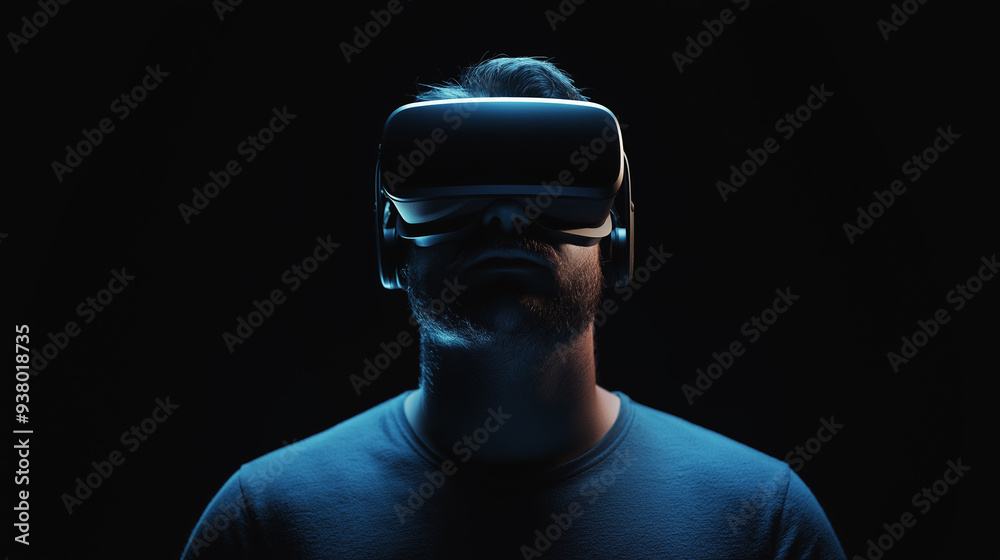 Man wearing a virtual reality headset in a dark, immersive environment illuminated by blue light. The scene conveys a sense of futuristic technology and digital exploration Man wearing a virtual reality headset in a dark, immersive environment illuminated by blue light. The scene conveys a sense of futuristic technology and digital exploration