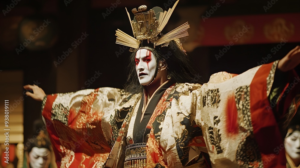 Kabuki Theater Performance: A dramatic Kabuki theater performance with actors in elaborate costumes and makeup.