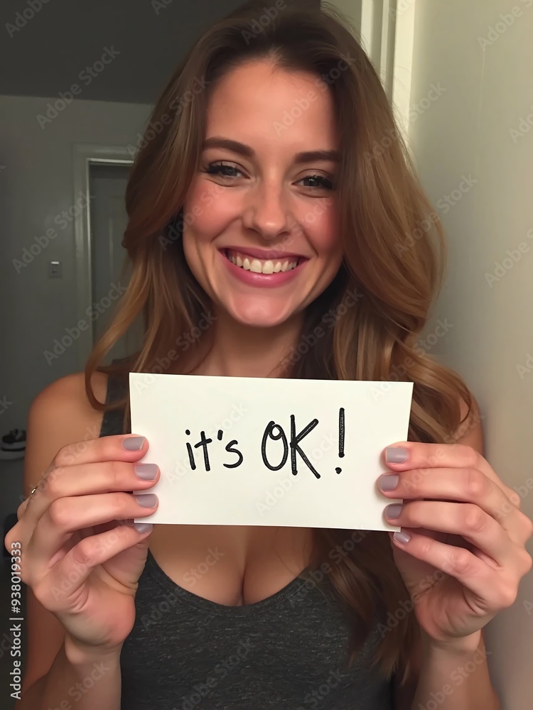 the woman smiles at the camera and shows the paper on which it is written, its ok the woman smiles at the camera and shows the paper on which it is written, its ok