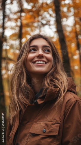 Young woman with long brown hair is enjoying a crisp autumn day amongst colorful foliage while wearing a warm brown jacket