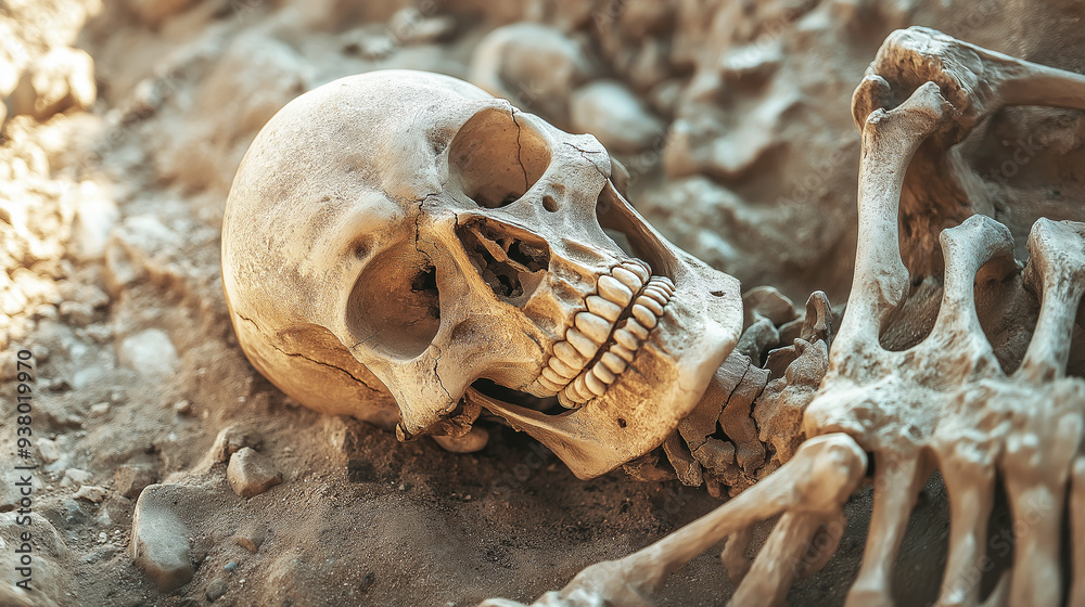 Human skeleton partially buried in the dirt, with the skull and bones exposed. The image evokes themes of mortality, archaeology, and the passage of time Human skeleton partially buried in the dirt, with the skull and bones exposed. The image evokes themes of mortality, archaeology, and the passage of time