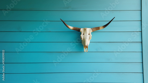 Cow skull with long horns mounted on a turquoise wooden wall. The minimalist composition highlights the rustic and Western aesthetic of the skull against the vibrant background photo