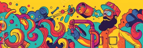 Colorful Abstract Art with a Man in a Yellow Shirt - A vibrant, abstract illustration featuring a man with a beard and goggles, holding a pipe and surrounded by colorful swirls and shapes, symbolizing