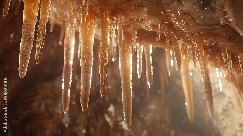 Close-up view of icicle-like formations in a cave, showcasing natural mineral deposits and lighting effects. Close-up view of icicle-like formations in a cave, showcasing natural mineral deposits and lighting effects.