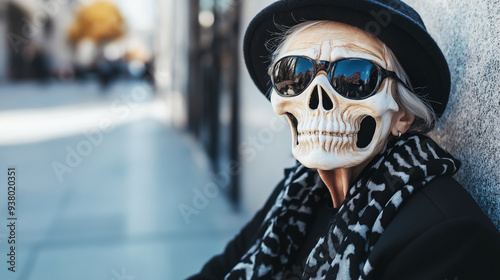 Person wearing a skull mask, sunglasses, and a black hat while leaning against a wall in an urban setting. The scene blends eerie Halloween vibes with a stylish, modern twist.