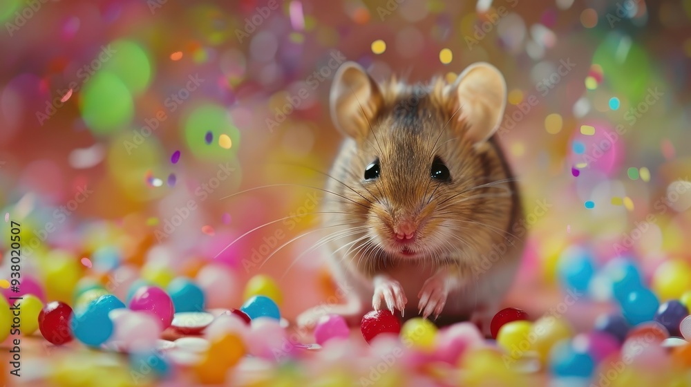 Mouse surrounded by colorful candies and confetti, creating a vibrant and festive scene Mouse surrounded by colorful candies and confetti, creating a vibrant and festive scene