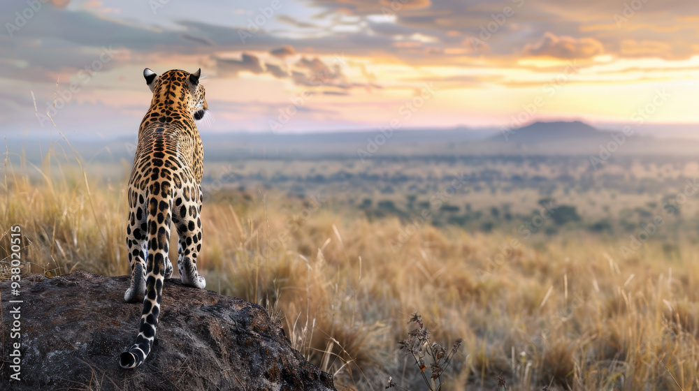 A majestic jaguar standing on a cliff overlooking a vast savannah at dawn, with the horizon glowing with soft pastels, proud stance A majestic jaguar standing on a cliff overlooking a vast savannah at dawn, with the horizon glowing with soft pastels, proud stance