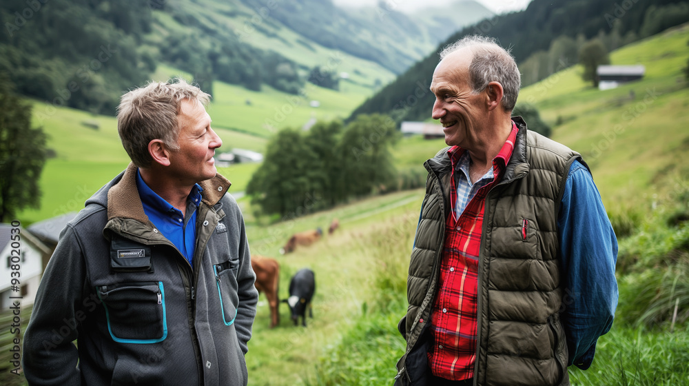 Fototapeta premium Two farmers engage in a friendly conversation while standing in a lush green valley with grazing cows in the background. The scene reflects rural life, community, and the peacefulness of farming.