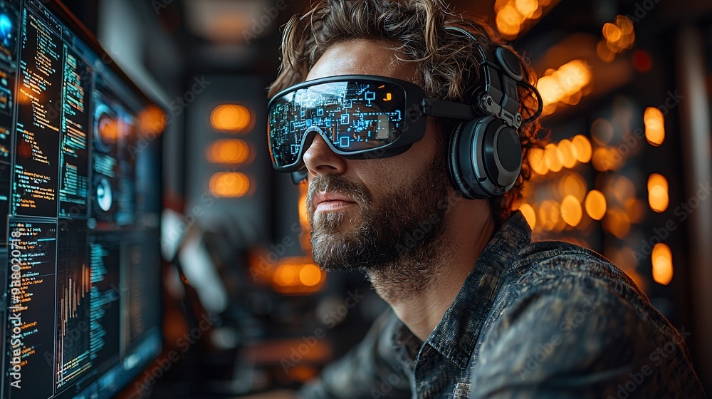 A programmer coding AI-driven algorithms for virtual reality simulations, wearing VR gear while analyzing outputs on a monitor. A programmer coding AI-driven algorithms for virtual reality simulations, wearing VR gear while analyzing outputs on a monitor.