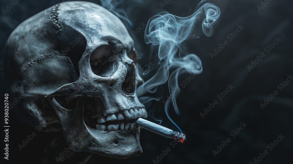 Human skull smoking cigarette with smoke curling into dark background emphasizing concept of death and dangers of smoking. Image portrays strong, eerie message about health risks and mortality Human skull smoking cigarette with smoke curling into dark background emphasizing concept of death and dangers of smoking. Image portrays strong, eerie message about health risks and mortality