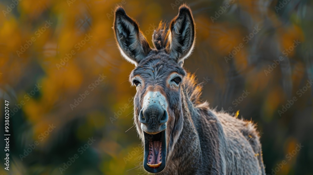 Donkey with its mouth open, set against a blurred autumnal background Donkey with its mouth open, set against a blurred autumnal background