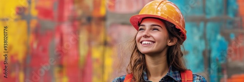 Confident Female Construction Worker Looking Up with Hope and Optimism - A young woman wearing a hard hat and work clothes looks up with a hopeful and optimistic expression, symbolizing ambition, dete photo