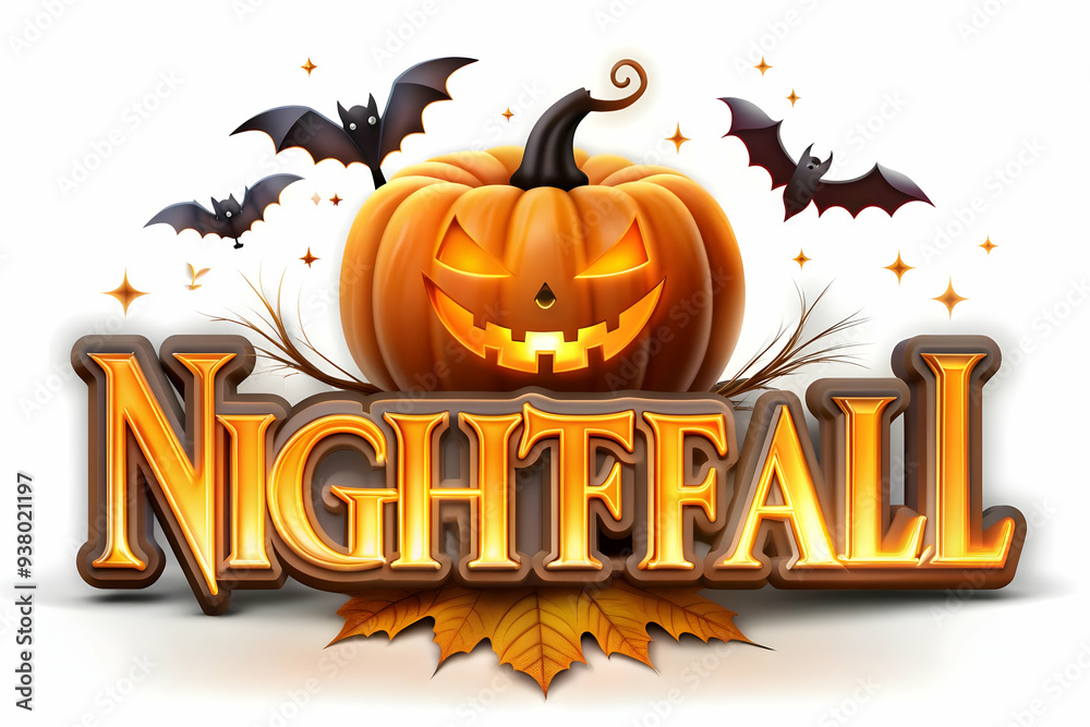3D Pumpkin and Bat with Nightfall Text concept as An isolated vector featuring a glowing pumpkin and a bat flying above with the word Nightfall in a bold font. The elements are set against a white bac