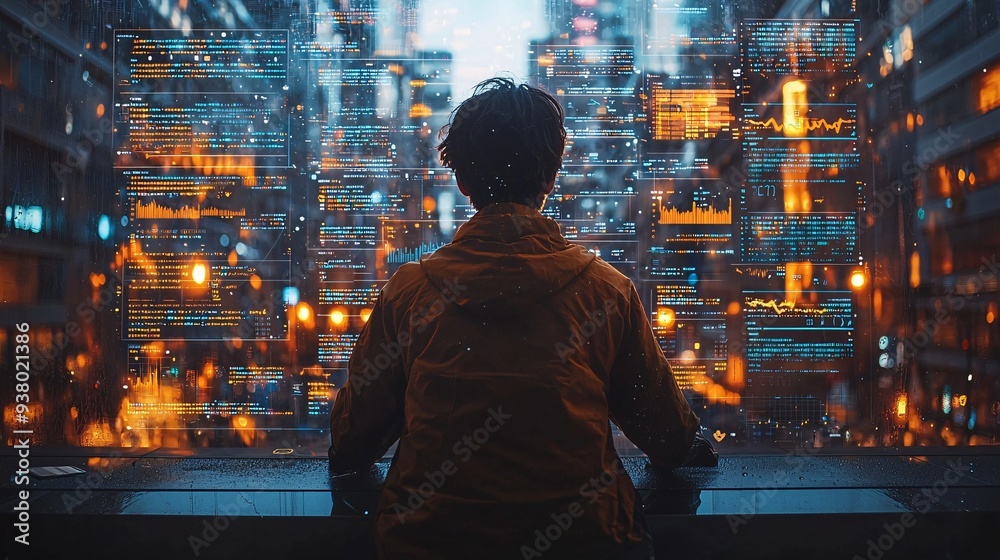A data analyst using AI to track and predict social media trends, with AI-generated sentiment analysis displayed in charts. A data analyst using AI to track and predict social media trends, with AI-generated sentiment analysis displayed in charts.