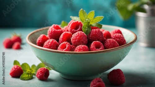 wanffle bowl with refreshing ranspberry ice creanm, topped with frozen ranspberries annd an sprig of green mint. photo