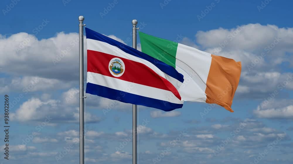 Ireland and Costa Rico flags flying together, video concept of the relationship, two country relations concept Ireland and Costa Rico flags flying together, video concept of the relationship, two country relations concept